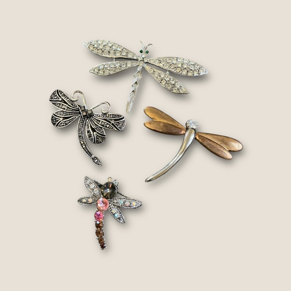 Lot Of 4 Dragonfly Brooch Pins With Rhinestones & Metallic Finishes